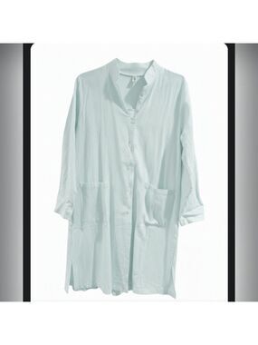 Novinole Long Tunic, Button Down, Mandarin Collar, Medium, Very Light Turquoise.